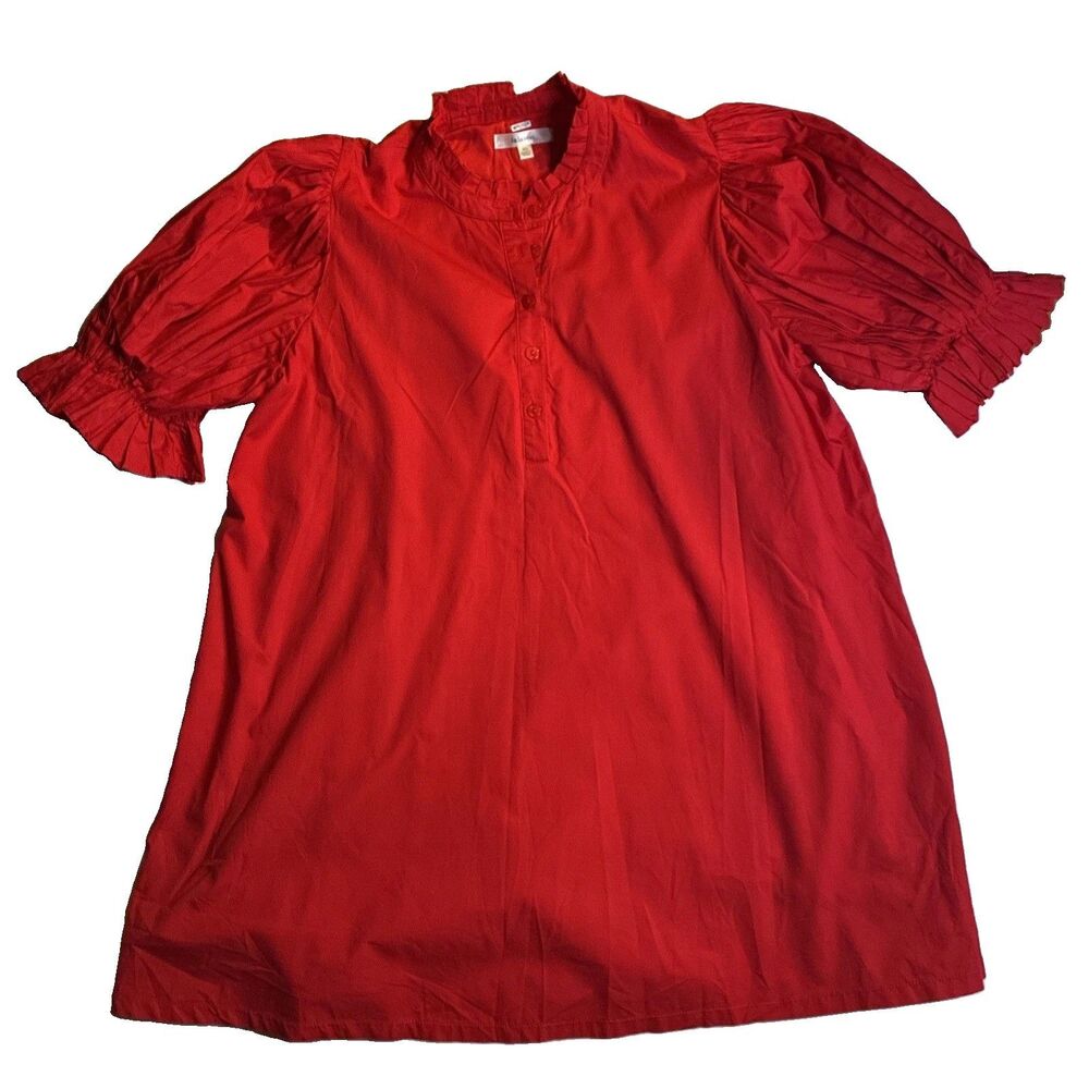 Lalavon Women’s Red Cotton Button Front Puff Sleeve Lined Dress XL
